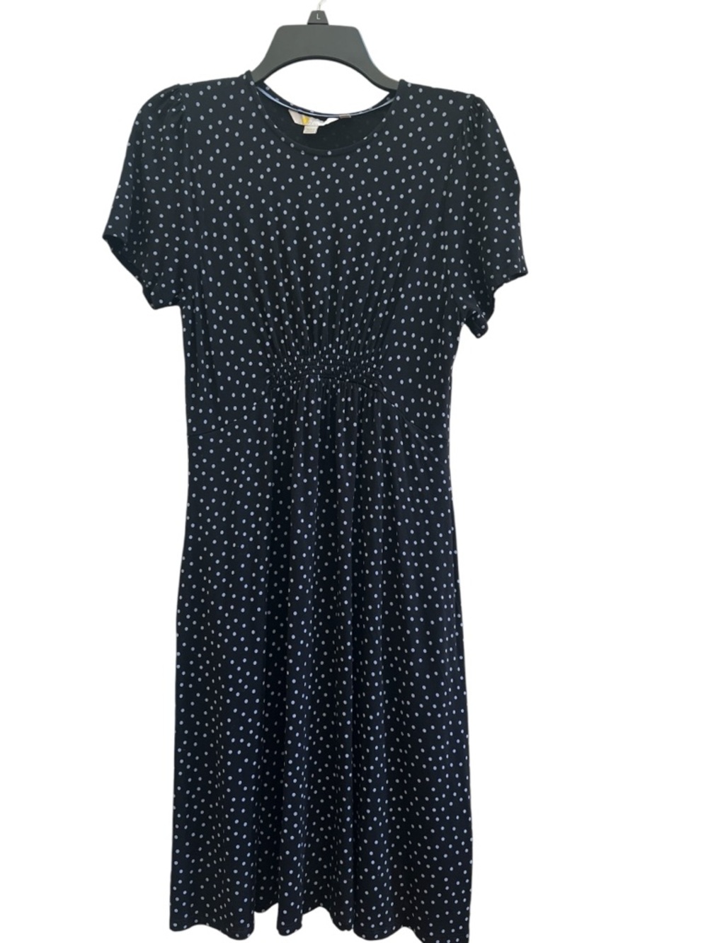 Boden Navy Polka Dot Midi Dress Long Pockets Stretch Waist 8L Coastal Grandma - Picture 2 of 7